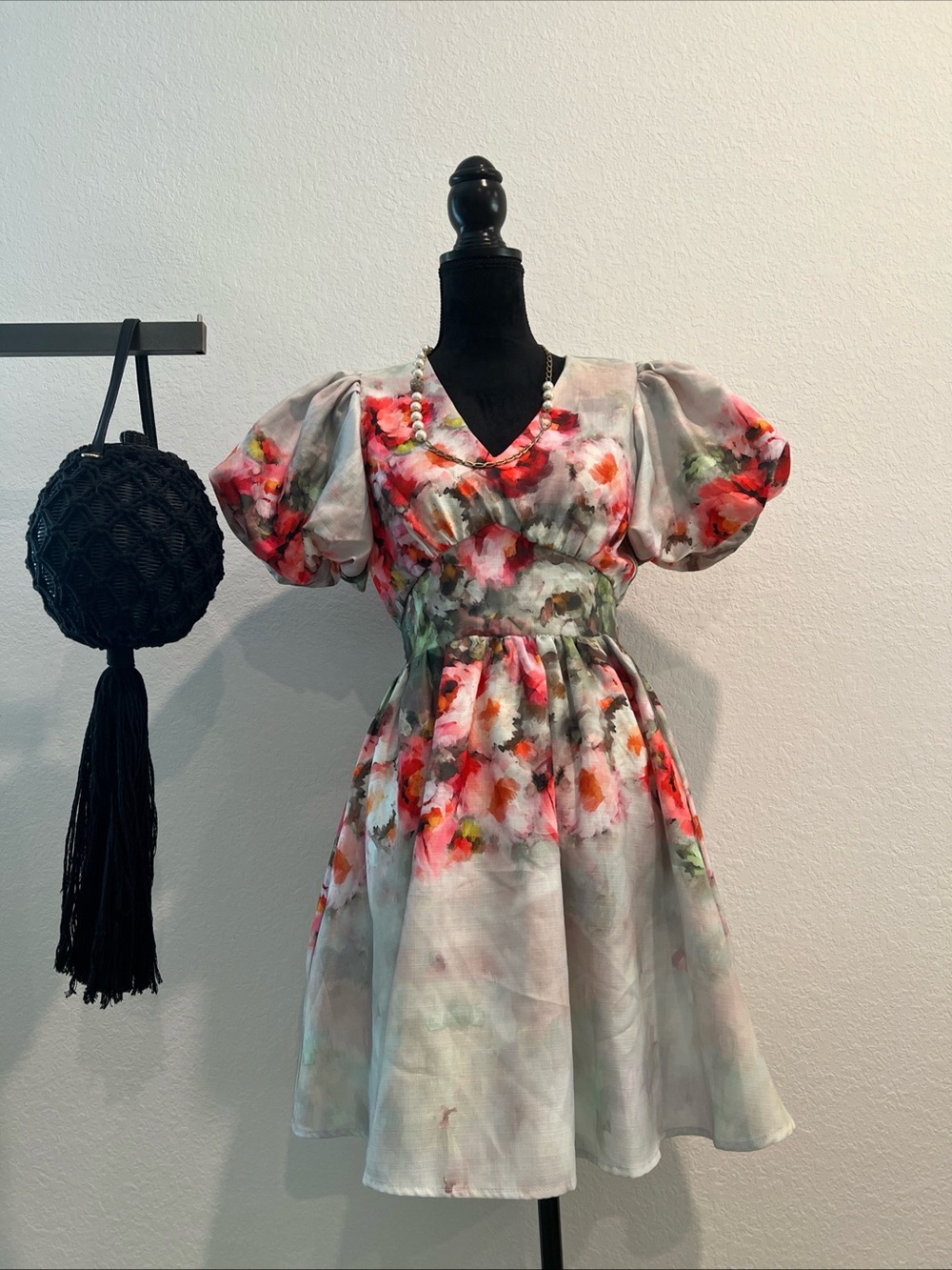 Watercolor Floral Puff-Sleeve Fit & Flare Dress - Pink/Green